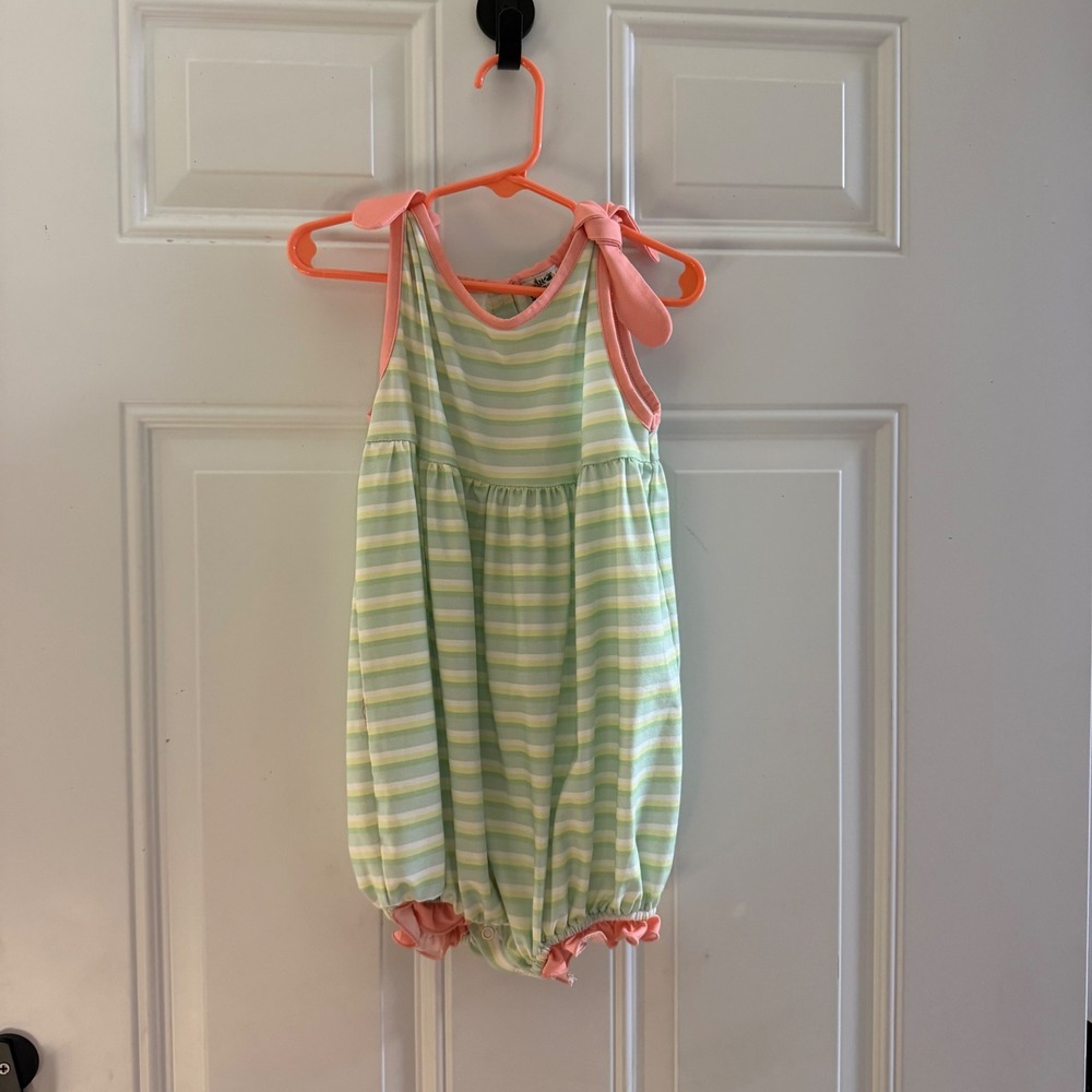 Saving Grace Smocks Girls Green Striped Tie Shoulder Bubble Romper Size 5
